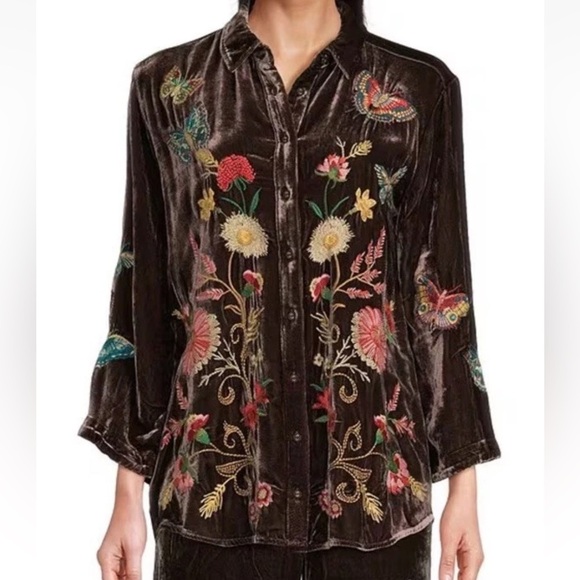 Johnny Was Floral Embroidered Velvet Kimono Sleeve Blouse XS Coffee Bean NWT - Picture 1 of 16